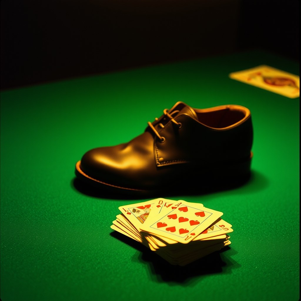 A dealer shoe and a shuffled deck resting on emerald casino felt under a single warm light