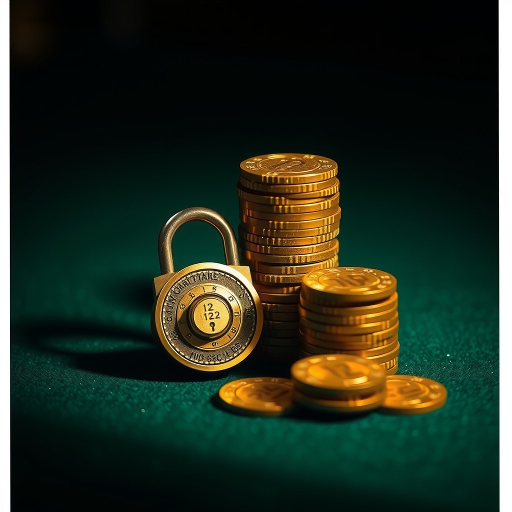 A brass combination lock resting beside stacked gold chips on dark green felt