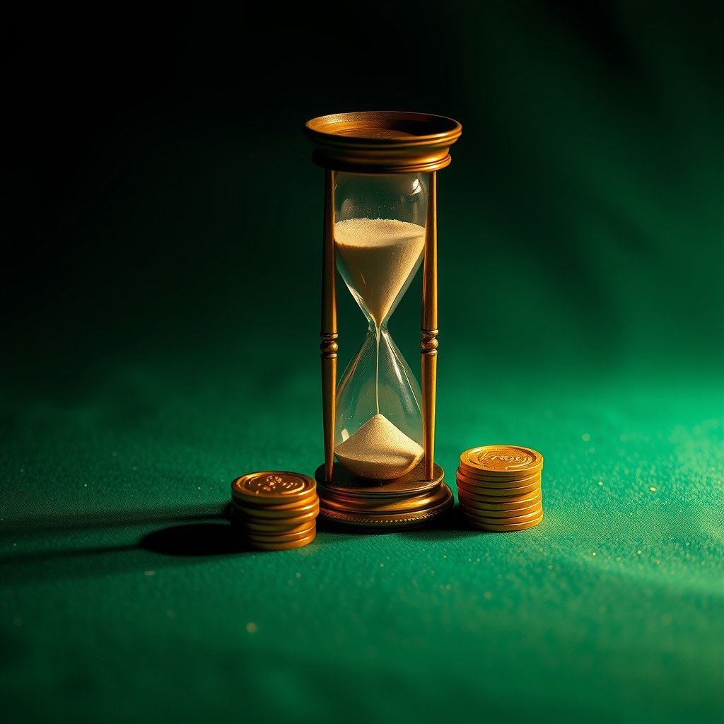 An hourglass and a small stack of gold chips on emerald felt in low light