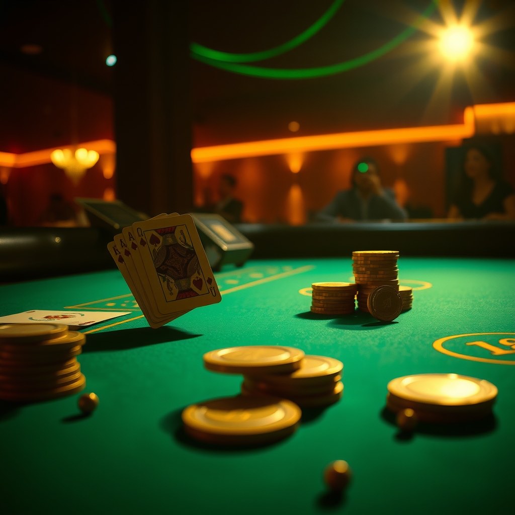 Playing cards fanned across an emerald casino table with neat stacks of gold chips under a single warm spotlight