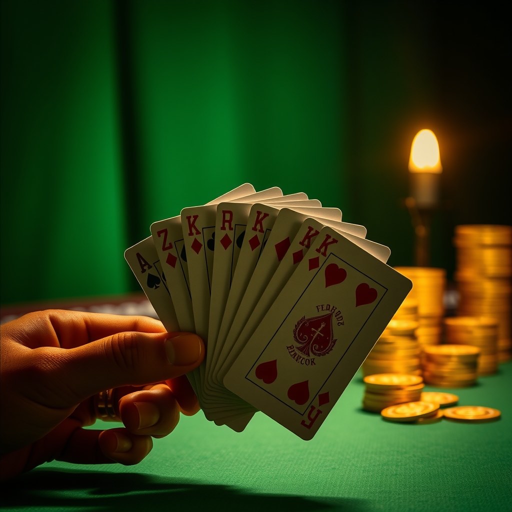 A fanned hand of rummy cards above emerald casino felt with gold chips behind