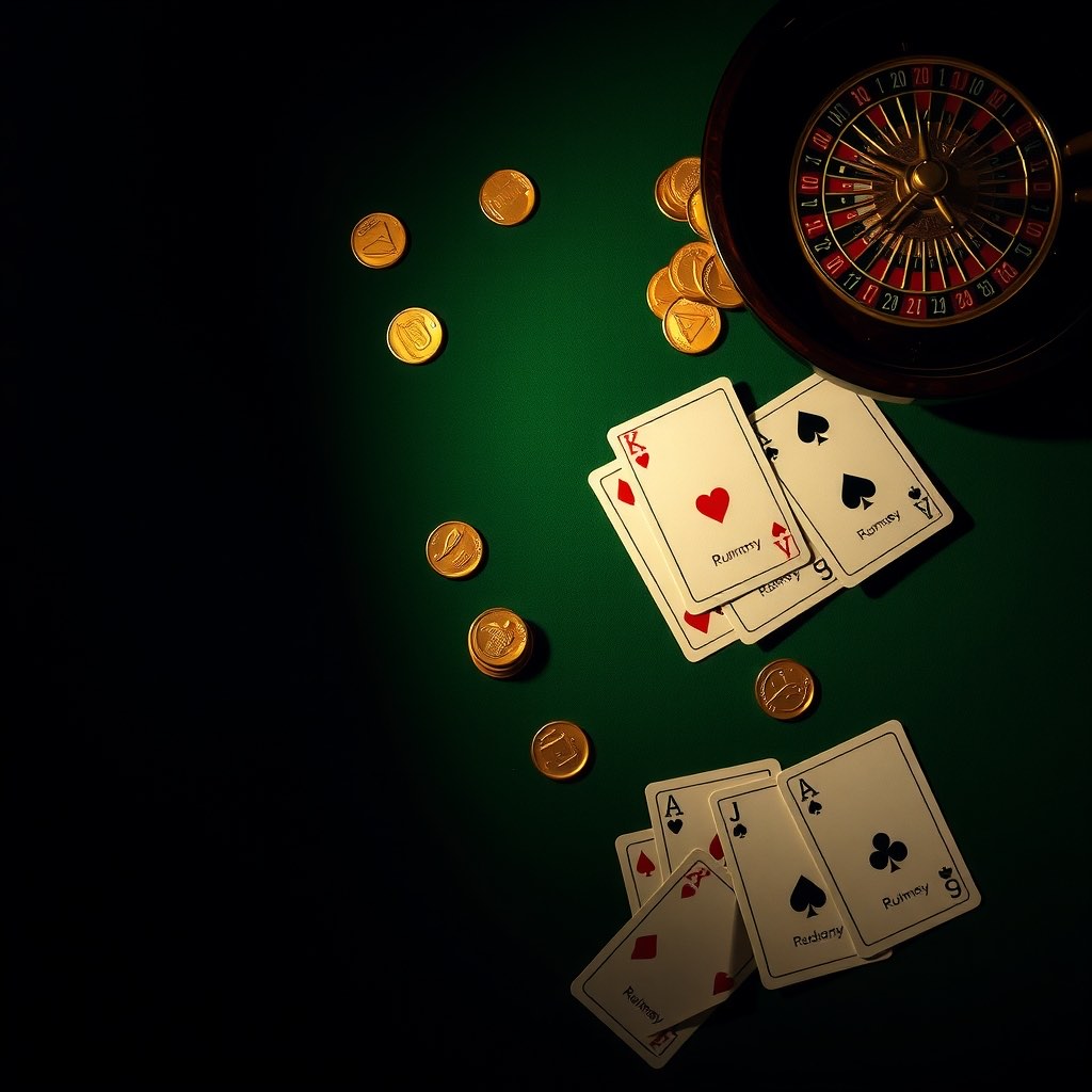 Rummy cards, gold coins and a roulette wheel arranged on dark green baize