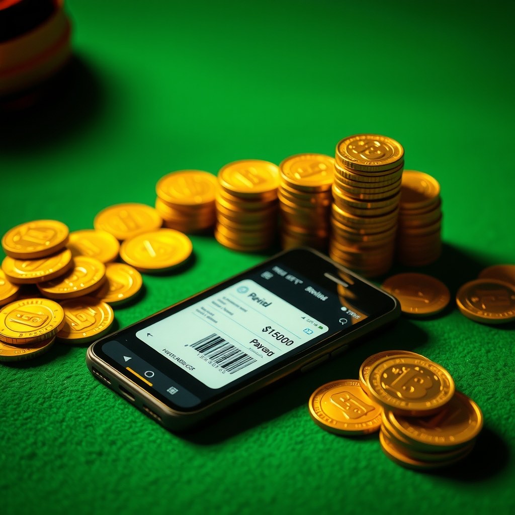 A smartphone showing a payment confirmation resting on emerald felt beside stacked gold coins