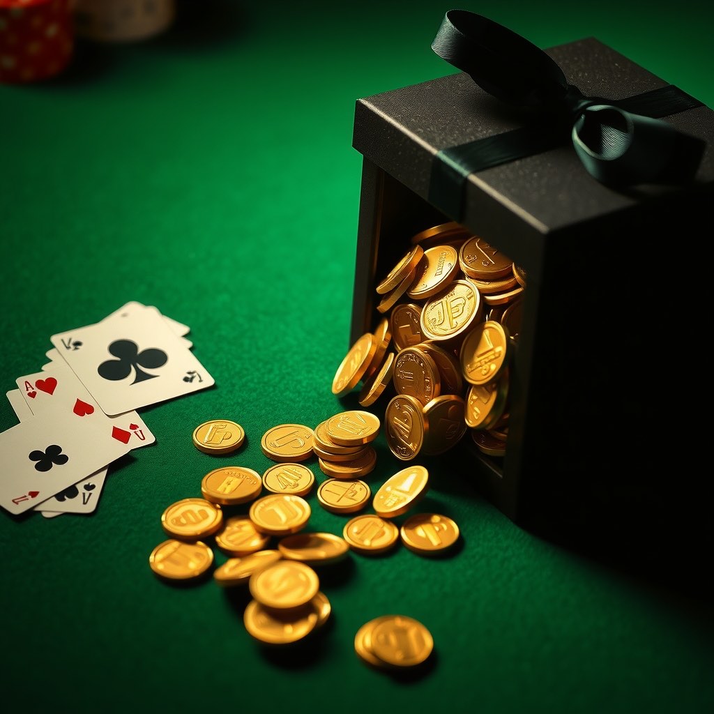 Gold coins cascading from a dark ribboned box onto emerald casino felt