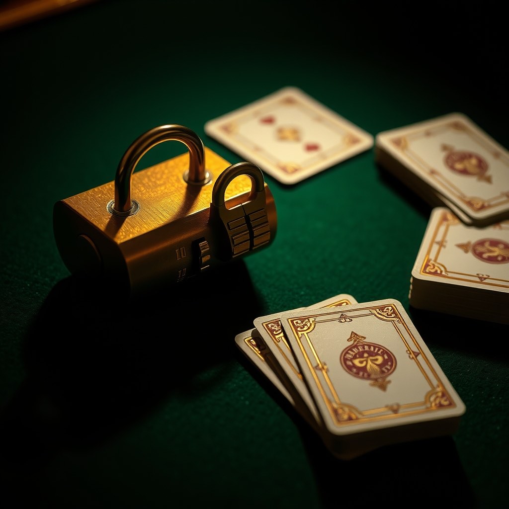 A brass combination lock and a shuffled deck on dark green felt under a single hard light