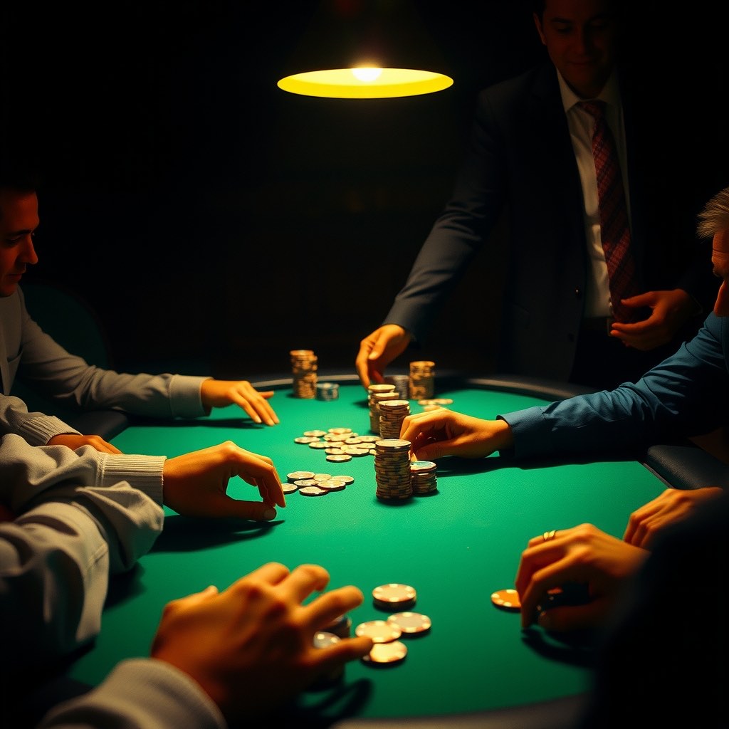 Players seated around a green baize tournament table with gold chips in the pot