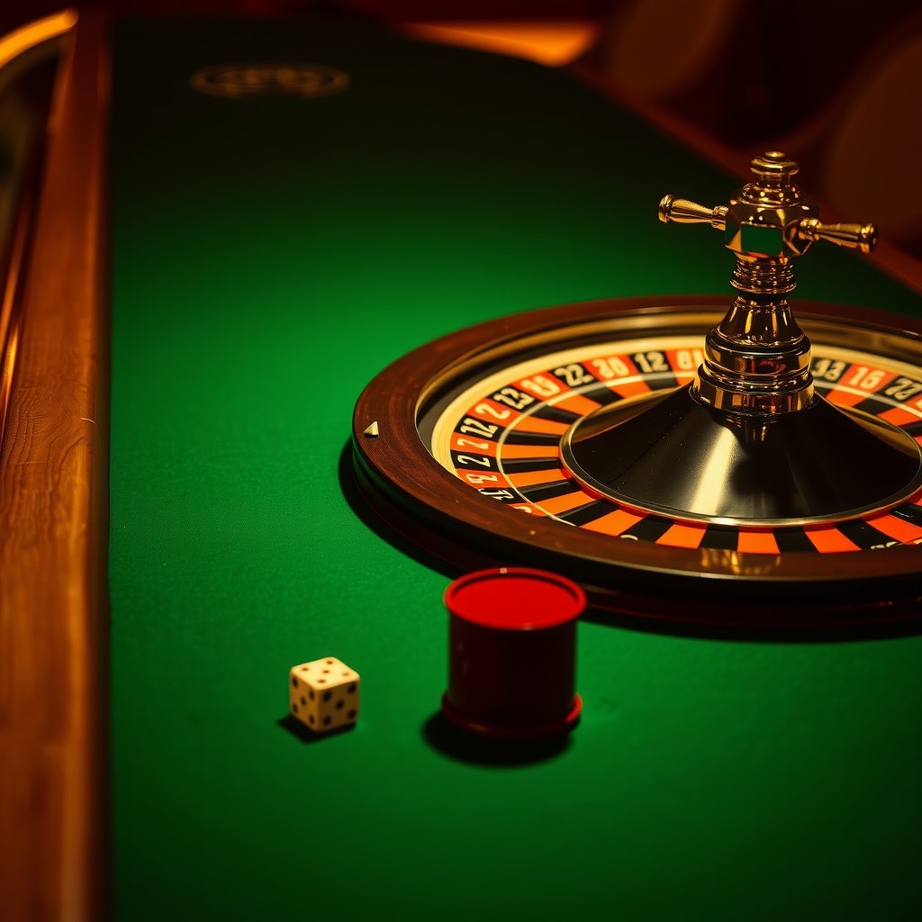 A roulette wheel and a leather dice cup at the edge of a green baize table in warm gold light